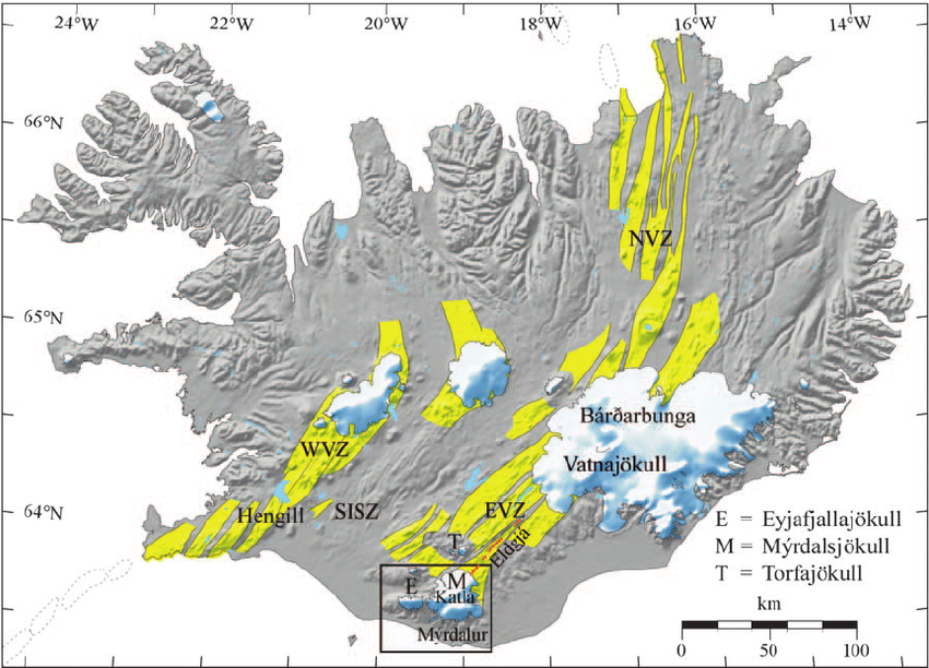 Ryc. 3 Mapa Islandii, przedstawiająca strefę wulkaniczną.